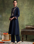 A-Line Cotton Kurta Set with Embroidered Patch Collar & Palazzo