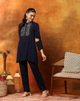 Solid Zari Embroidered Rayon Kurta with Laced Hem Palazzo