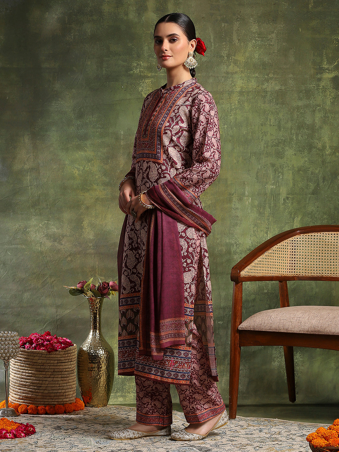 Paisley Wool Blend Kurta Set with Swarovski Detailing &amp; Chiffon Dupatta