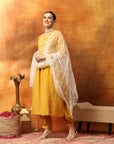 A-Line Kurta Set with Lucknavi Embroidery, Palazzo & Embroidered Supernet Dupatta