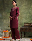 Velvet Embroidered Kurta Set with Organza Patti Sleeves & Palazzo