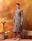 Wool Blend Floral Printed Kurta Set with Ethnic Embroidery & Printed Palazzo