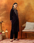 Velvet Zari Embroidered Kurta Set with Elasticated Palazzo