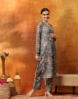 Wool Blend Floral Printed Kurta Set with Ethnic Embroidery & Printed Palazzo