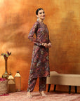Wool Blend Floral Printed Kurta Set with Mandarin Collar, Zari Work & Printed Palazzo