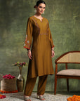 Vetican Embroidered Kurta Set with Bell Sleeves & Khadi Silk Dupatta