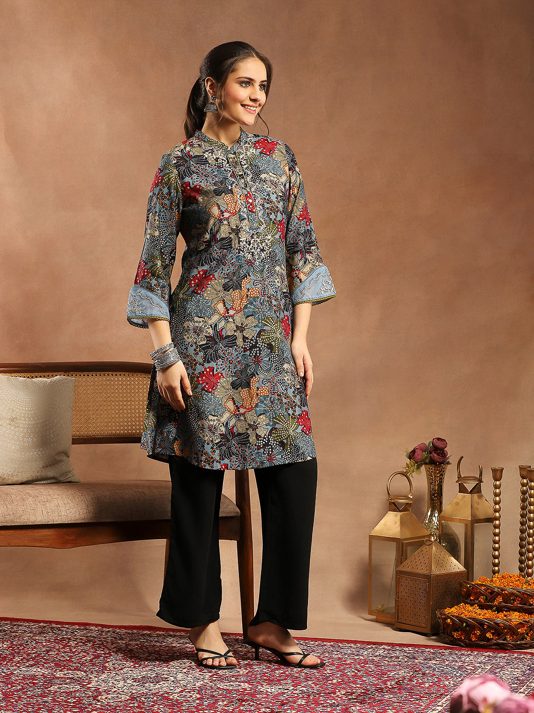 Floral Printed A-Line Modal Chanderi Kurta