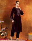 Velvet Zari-Embroidered Kurta Set with Bell Sleeves, Palazzo & Banarasi Dupatta