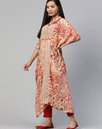 Floral Printed Flared Sleeves Thread Work Kaftan Kurta