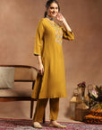 Silk Blend Kurta Set with Intricate Paisley Embroidery, Solid Palazzo & Zari Stitched Hem