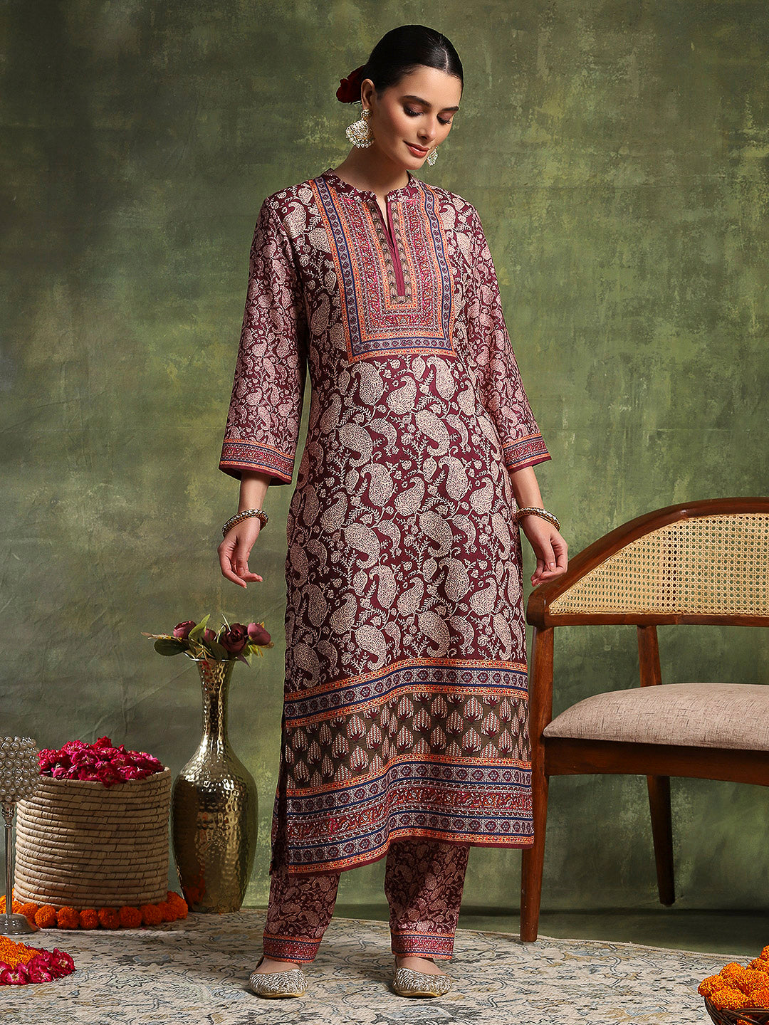 Paisley Wool Blend Kurta Set with Swarovski Detailing &amp; Chiffon Dupatta