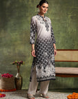 Linen Printed Kurta Set with Swarovski Detailing, Palazzo & Kotta Dupatta