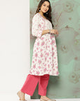 Floral Printed Sweetheart Neck Cotton Linen Kurta