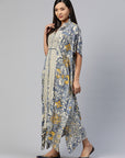 Floral Printed Flared Sleeves Thread Work Kaftan Kurta