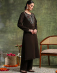 Wool Blend Embroidered Kurta Set with Silk Dupatta