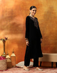 Velvet Kurta Set with Zari Embroidered Yoke with Palazzo & Art Silk Dupatta