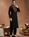 Solid Kurta Set with Ethnic Embroidery, Mandarin Collar & Lace Hem Palazzo