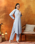 Wool Blend Embroidered Kurta Set with Mandarin Collar & Elasticated Palazzo