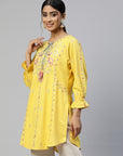 Yellow & Pink Floral Embroidered Pure Cotton Kurti