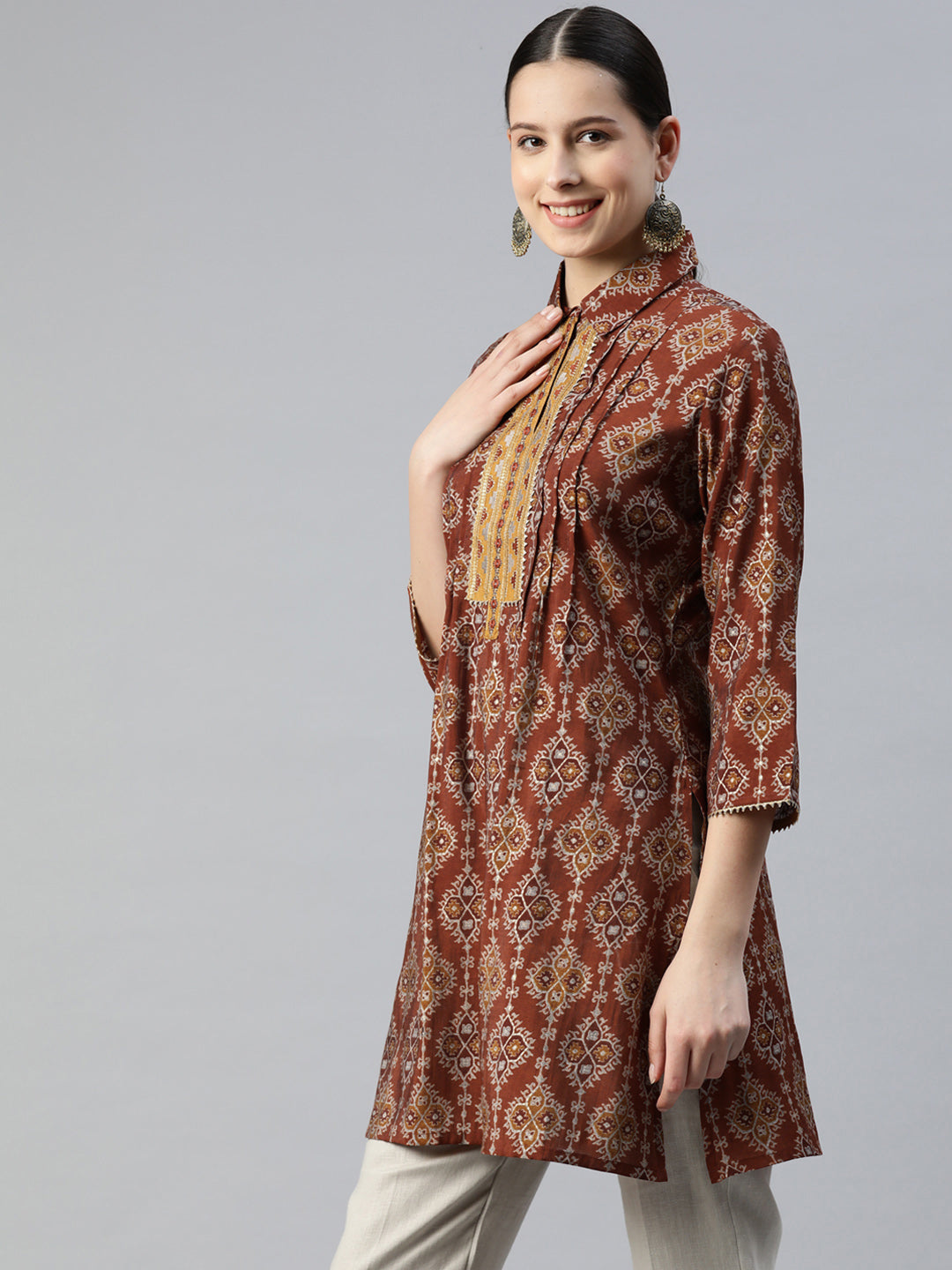 Ethnic Motif Printed Modal Chanderi High-Low Tunic
