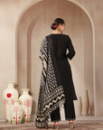 Vetican Fabric Kurta Set with Embroidered Round Neck, Palazzo & Striped Silk Dupatta
