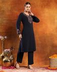 Knitted Wool Kurta Set with Embroidery, Palazzo & Tasselled Chanderi Dupatta