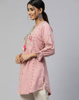 Peach & Green Embroidered Cotton Kurti