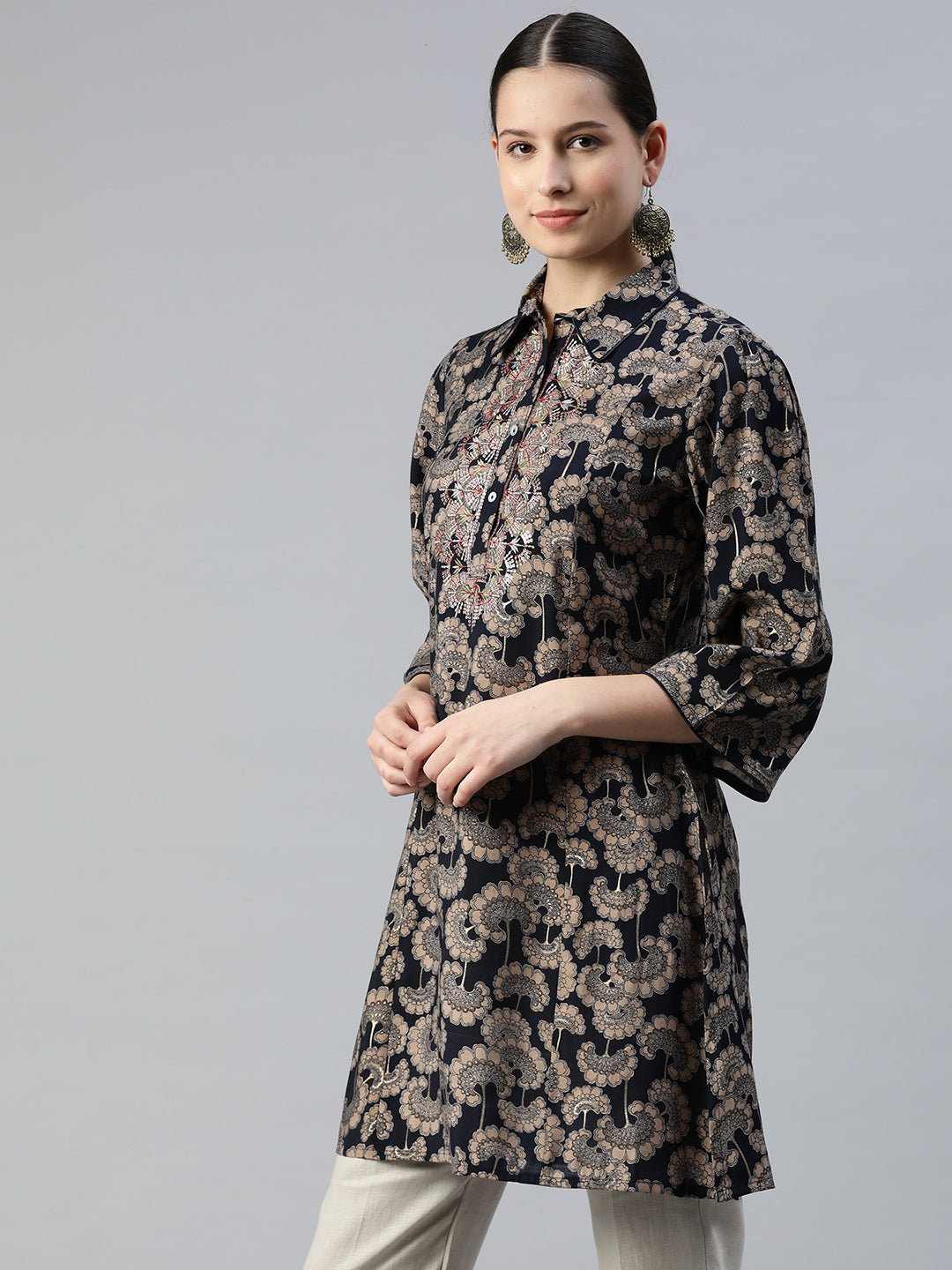Floral Printed A-Line Modal Chanderi Tunic with Shirt Collar
