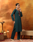 Wool Blend Kurta Set with Round Neck & Ethnic Embroidery