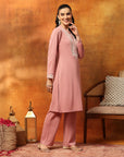 Wool Blend Solid Kurta Set with Thread Embroidery & Elasticated Palazzo