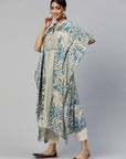 Floral Printed Flared Sleeves Thread Work Kaftan Kurta