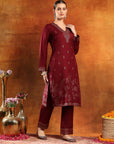 Calf-Length Jacquard Wool Kurta Set with Swarovski Detail & Dupatta