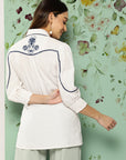 Collared Embroidered Top With Smocking Detail At  Sleeve Cuff