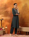 Cotton Blend Zari Embroidered Kurta Set with Embroidered Organza Cuffs & Elasticated Palazzo