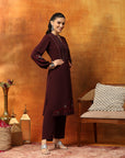 Wool Blend Kurta Set with Embroidered Yoke, Smocked Sleeves & Palazzo