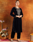 Velvet Zari-Embroidered Kurta Set with Palazzo & Banarasi Dupatta