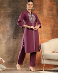Embroidered Cotton Blend Straight Kurta Set