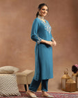 Kurta Set with Intricate Dori Embroidery, Lace Hem Palazzo & Embroidered Supernet Dupatta