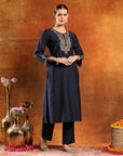 Poly Viscose Embroidered Kurta Set with Silk Palazzo & Printed Chiffon Dupatta