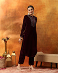 Velvet Kurta Set with Mandarin Collar & Zari Embroidered Yoke