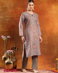 Floral Pashmina Wool Kurta Set with Zari Neckline & Printed Wool Dupatta