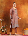 Floral Pashmina Wool Kurta Set with Zari Neckline & Printed Wool Dupatta