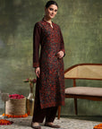 Woven Wool Kurta Set with Mandarin Collar, Palazzo & Printed Wool Dupatta
