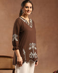 Thread Embroidered Cotton Kurti with Lace-Trim Sleeves