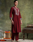 A-Line Cotton Kurta Set with Embroidered Patch Collar & Palazzo