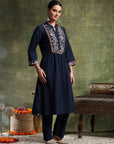A-Line Cotton Kurta Set with Embroidered Patch Collar & Palazzo