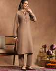 Solid Kurta Set with Ethnic Embroidery, Mandarin Collar & Lace Hem Palazzo