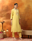 Fringe-Detailed Cotton Kurta Set with Embroidered Yoke & Dupatta