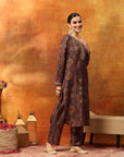 Wool Blend Floral Kurta Set with Zari Embroidery & Printed Elasticated Palazzo