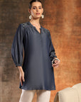 Cotton Denim Above-Knee Kurti with Embroidered Mandarin Collar & 3/4th Sleeves